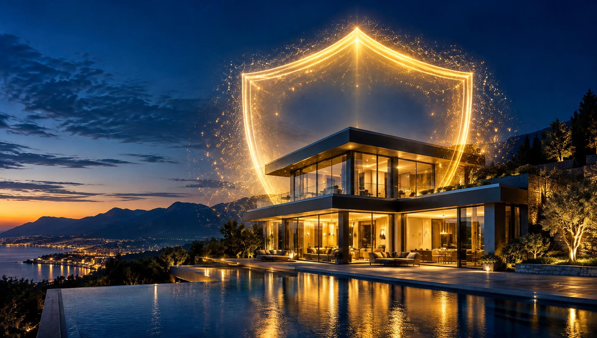 Maison moderne illuminée protégée par un bouclier doré