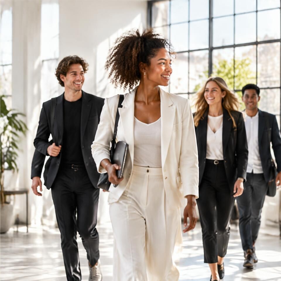 Équipe de jeunes professionnels marchant ensemble dans un bureau lumineux